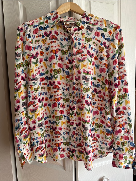 Anthropologie Tops - Anthropologie White Button-Up Blouse with Multicolor Butterfly & Floral Print